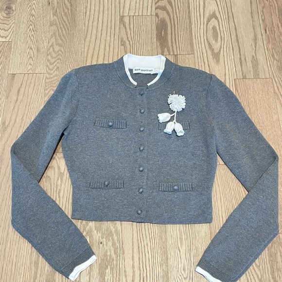 Self-Portrait GREY CROCHET FLOWER CARDIGAN Women's Sweater US2/UK6 - Picture 6 of 7